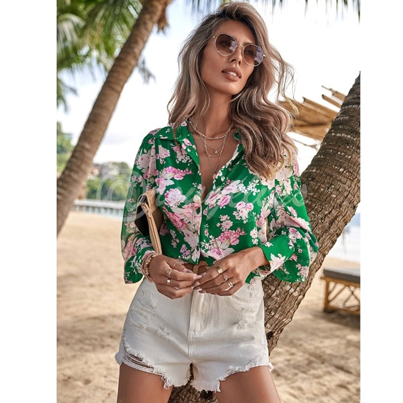 Green Button Down Shirt Long Sleeve Rose Floral Print Pink - Picture 2 of 11